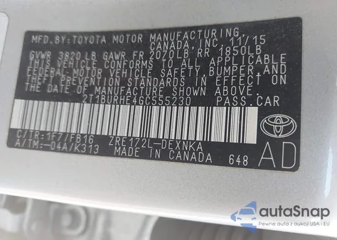 2016 Toyota Corolla Le from USA, damaged, VIN 2T1BURHE4GC555230